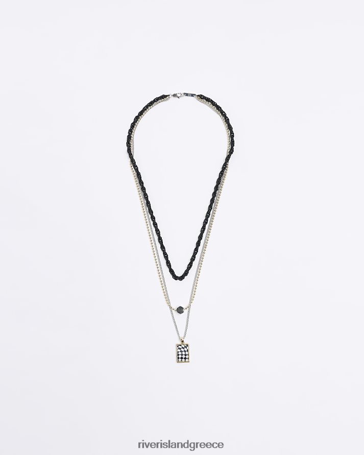 River Island αξεσουάρ μαύρο ασήμι άνδρες Κρεμαστό σκακιέρα μακρύ κολιέ πολλαπλών σειρών B6N8X5748