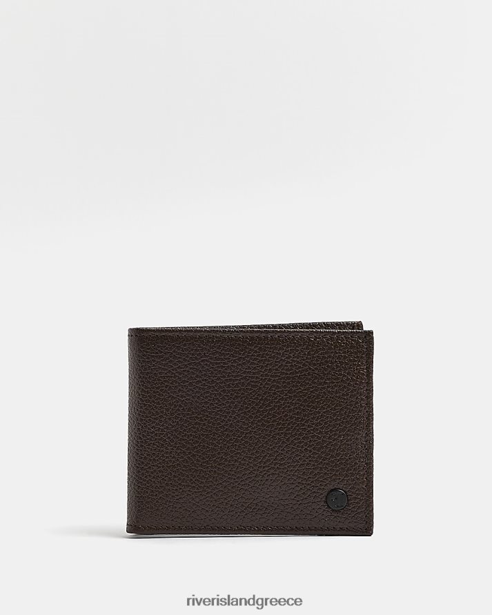River Island αξεσουάρ καφέ άνδρες δερμάτινο δίπτυχο πορτοφόλι με βότσαλο B6N8X5938