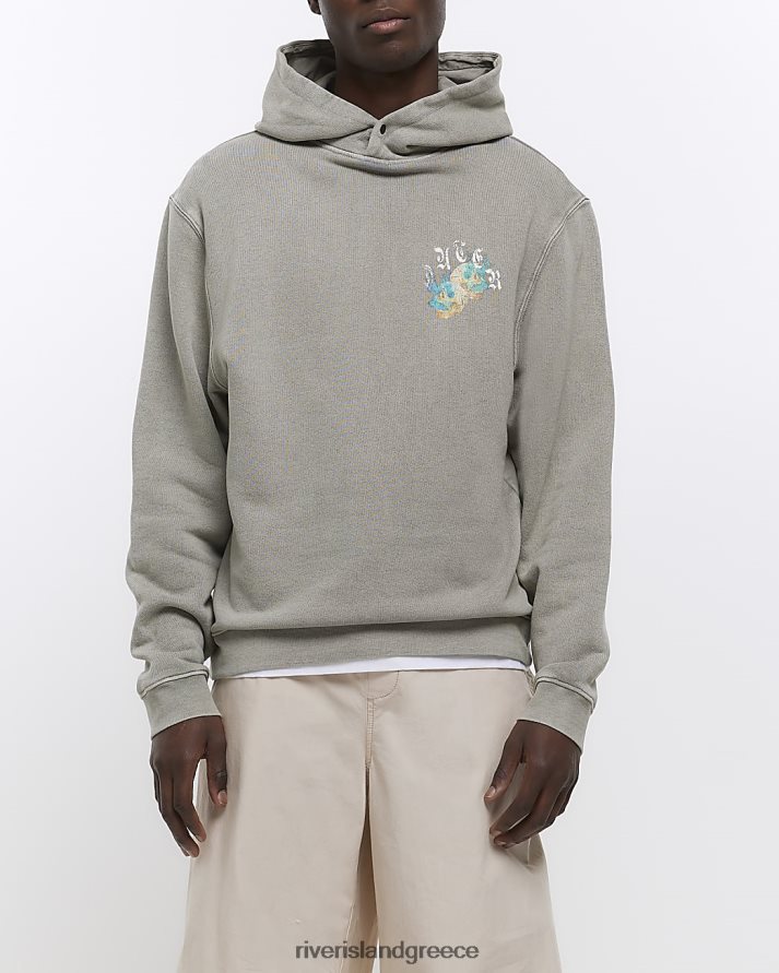 River Island ενδύματα πλυμένο γκρι άνδρες κανονική εφαρμογή γραφικό hoodie κρανίο B6N8X5787