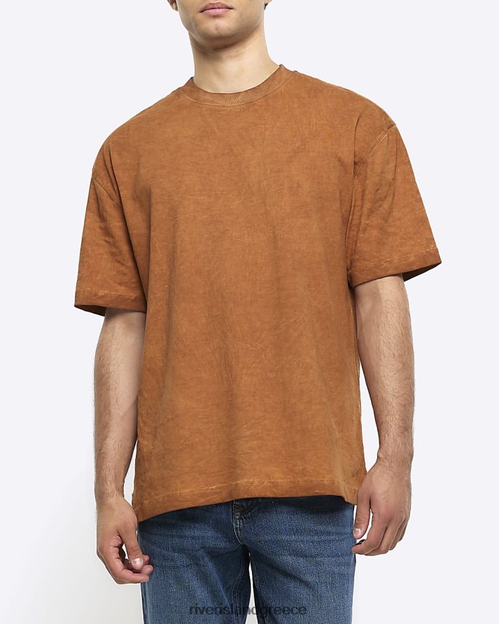 River Island ενδύματα πλυμένο καφέ άνδρες υπερμεγέθη εφαρμοστό μπλουζάκι B6N8X2773