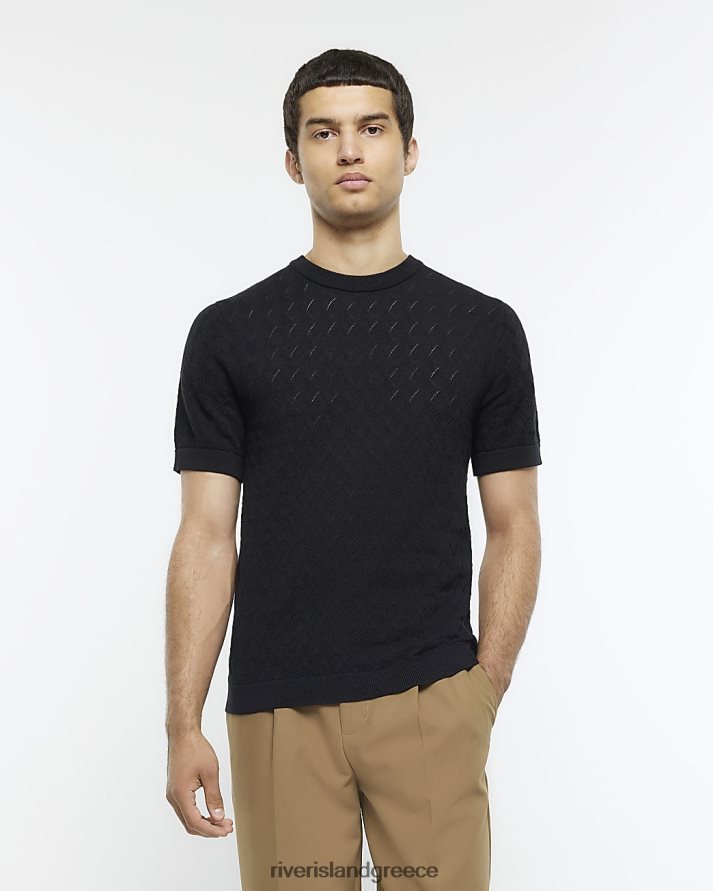River Island ενδύματα μαύρος άνδρες μπλουζάκι με πλεκτή βελονιά σε λεπτή εφαρμογή B6N8X2784