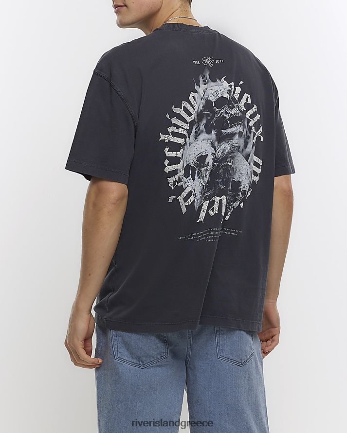 River Island ενδύματα πλυμένο μαύρο άνδρες υπερμεγέθη γραφικό μπλουζάκι κρανίου B6N8X2893