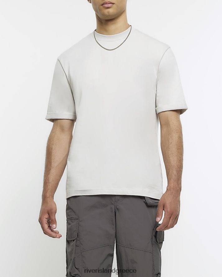 River Island ενδύματα γκρί άνδρες μπλουζάκι με ρολό μανίκι σε κανονική εφαρμογή B6N8X2972