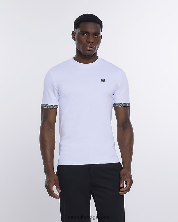 River Island ενδύματα άσπρο άνδρες μπλουζάκι με γεωμετρικό τελειωμό με μυϊκή εφαρμογή B6N8X2993