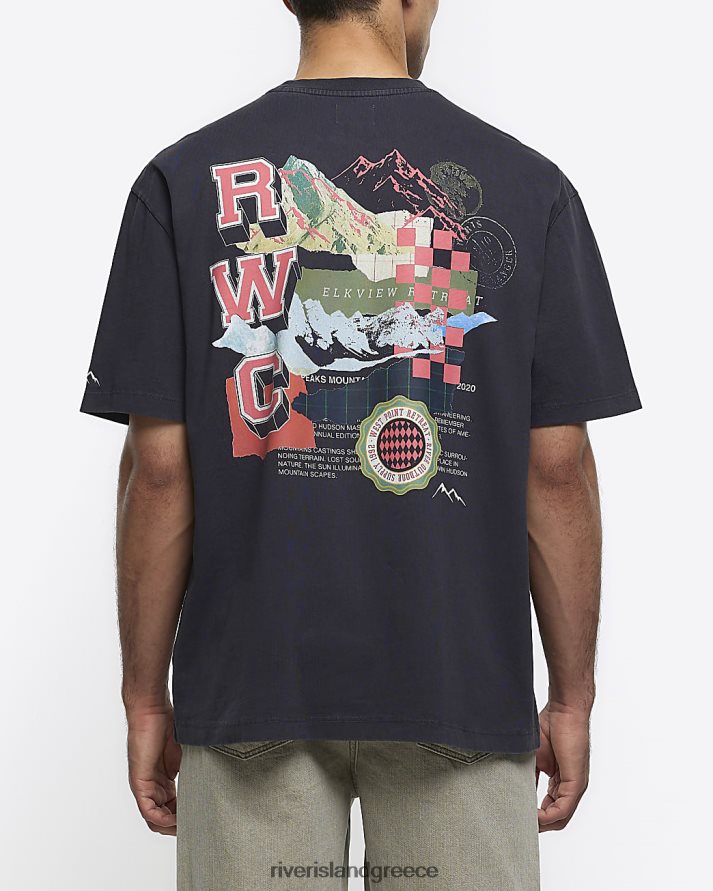 River Island ενδύματα γκρί άνδρες μπλουζάκι με γραφικό στάμπα μεγάλου μεγέθους B6N8X5435