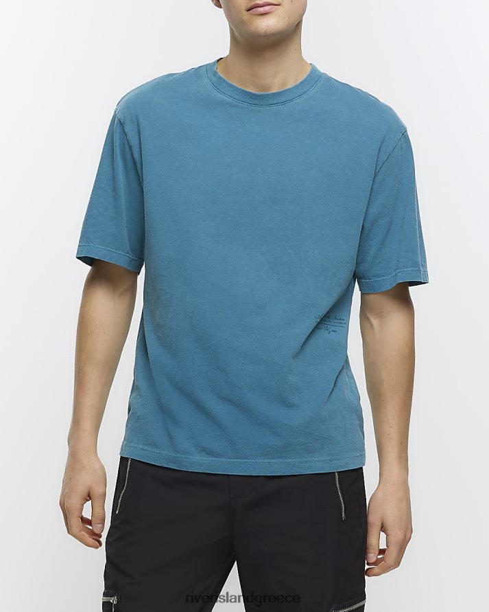 River Island ενδύματα πλυμένο μπλε άνδρες υπερμεγέθη εφαρμοστό μπλουζάκι B6N8X5514