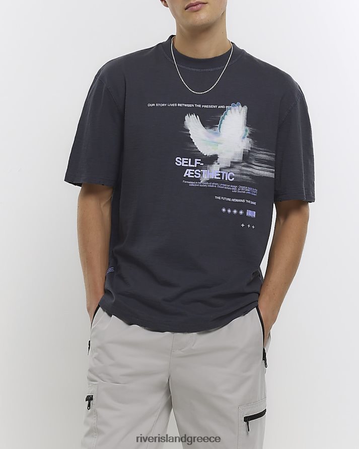 River Island ενδύματα γκρί άνδρες κανονική εφαρμογή περιστέρι γραφικό μπλουζάκι B6N8X5651