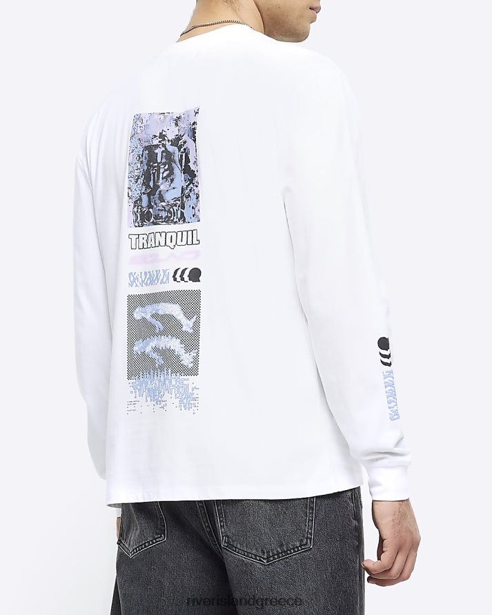 River Island ενδύματα άσπρο άνδρες κανονική εφαρμογή γραφικό μακρυμάνικο μπλουζάκι B6N8X5655