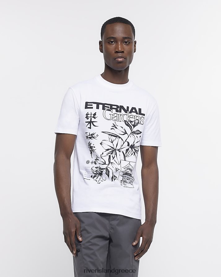 River Island ενδύματα άσπρο άνδρες Ιαπωνικό γραφικό μπλουζάκι με λεπτή εφαρμογή B6N8X5840