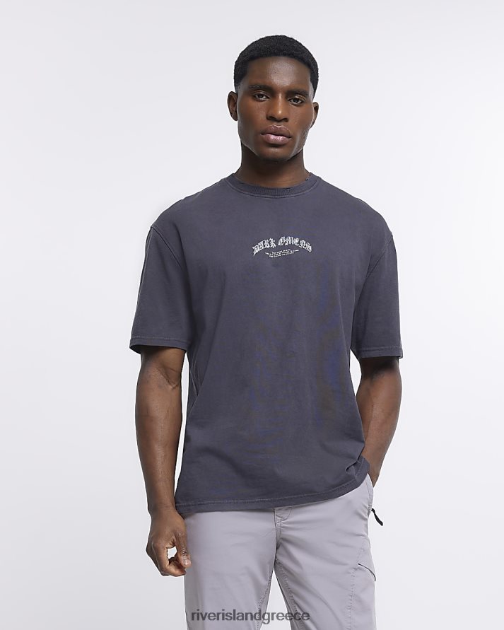 River Island ενδύματα μαύρος άνδρες μεγάλο μπλουζάκι με στάμπα σε εφαρμογή B6N8X5903