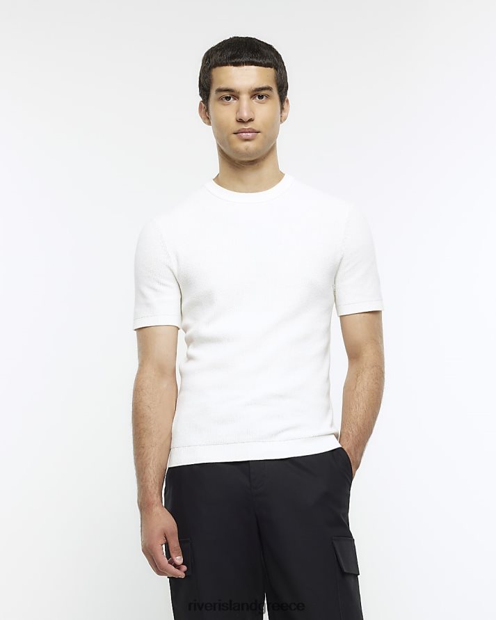 River Island ενδύματα άσπρο άνδρες πλεκτό rib t-shirt που ταιριάζει σε μυς B6N8X5664