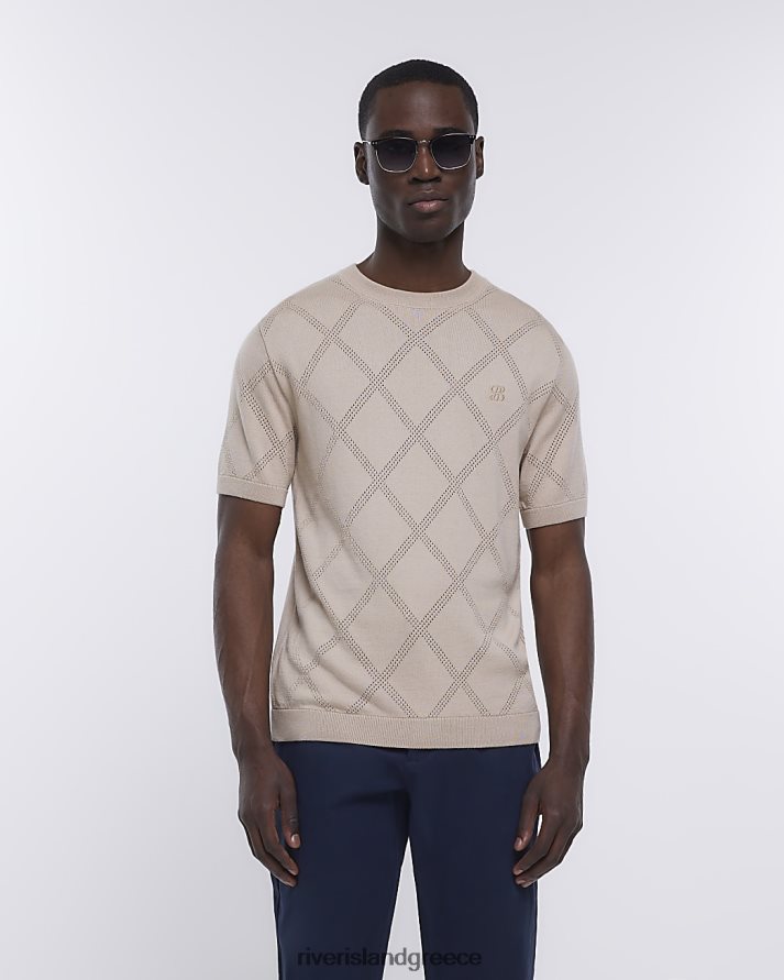 River Island ενδύματα πέτρα άνδρες slim fit argyle πλεκτό μπλουζάκι B6N8X3086