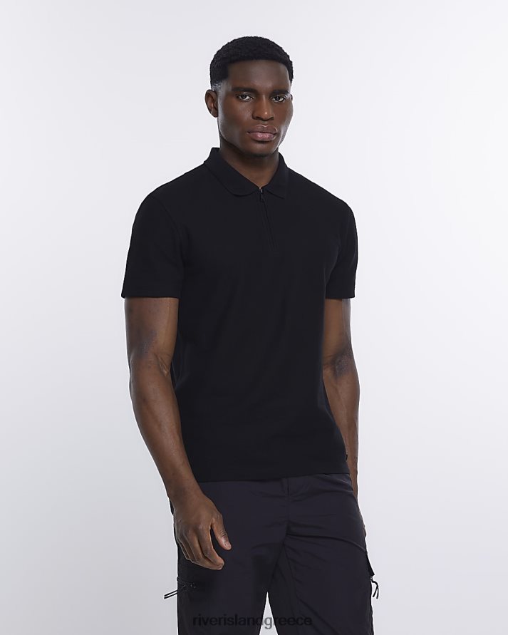 River Island ενδύματα μαύρος άνδρες κυψελωτή μπλούζα πόλο σε λεπτή εφαρμογή B6N8X2619