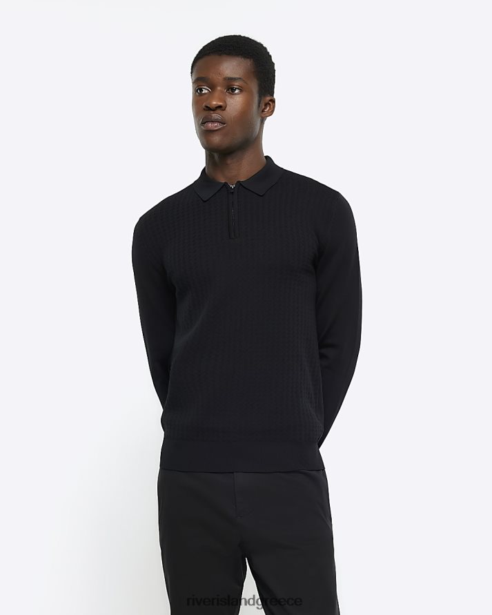 River Island ενδύματα μαύρος άνδρες πλεκτό πόλο καλώδιο για μυϊκή εφαρμογή B6N8X2912