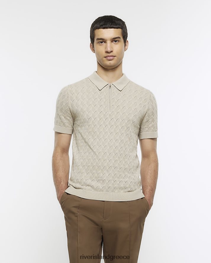 River Island ενδύματα μπεζ άνδρες slim fit πλεκτό μπλουζάκι πόλο B6N8X2455
