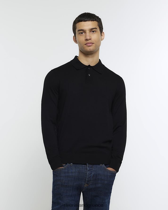 River Island ενδύματα μαύρος άνδρες slim fit μακρυμάνικο πόλο B6N8X2792