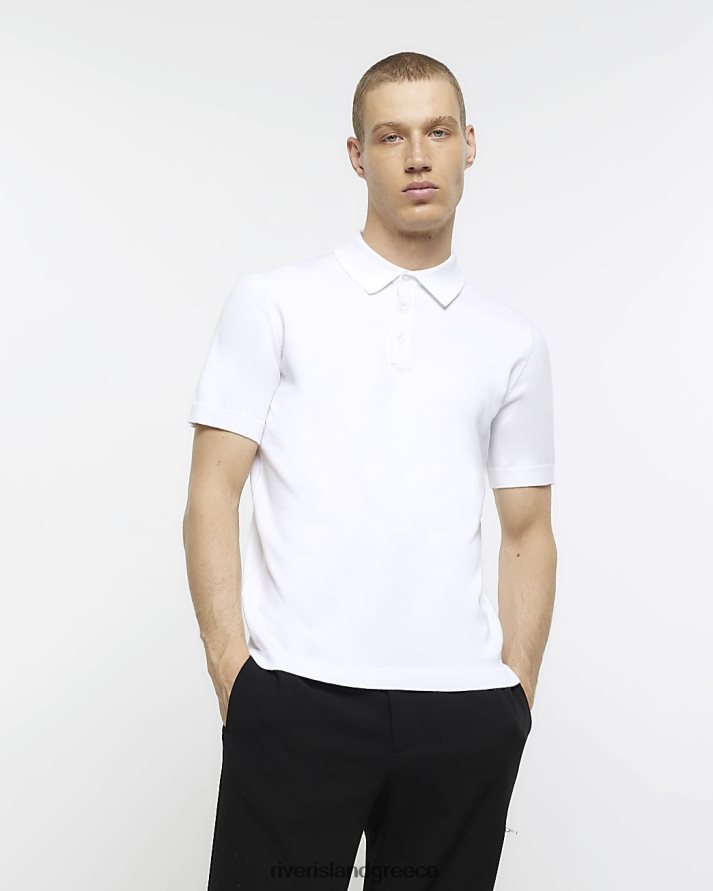 River Island ενδύματα άσπρο άνδρες slim fit πλεκτό κοντομάνικο πόλο B6N8X5482