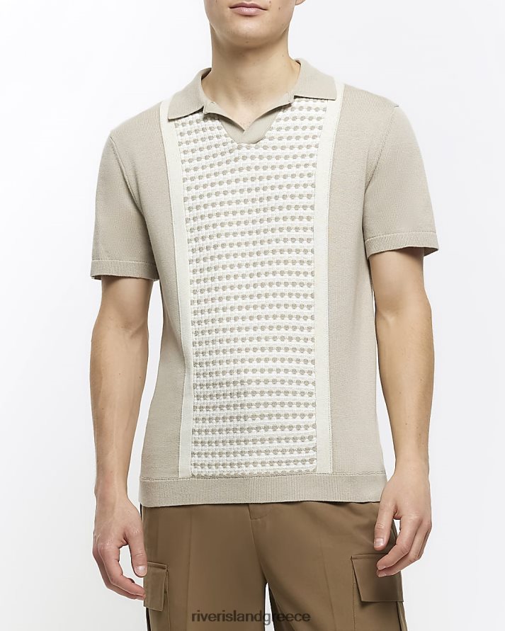 River Island ενδύματα πέτρα άνδρες slim fit πλεκτό πόλο με ανοιχτό γιακά B6N8X5577