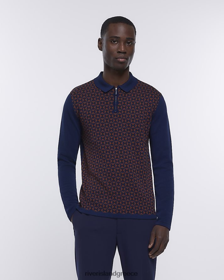 River Island ενδύματα ΠΟΛΕΜΙΚΟ ΝΑΥΤΙΚΟ άνδρες slim fit πλεκτό γεωμετρικό πόλο B6N8X5604