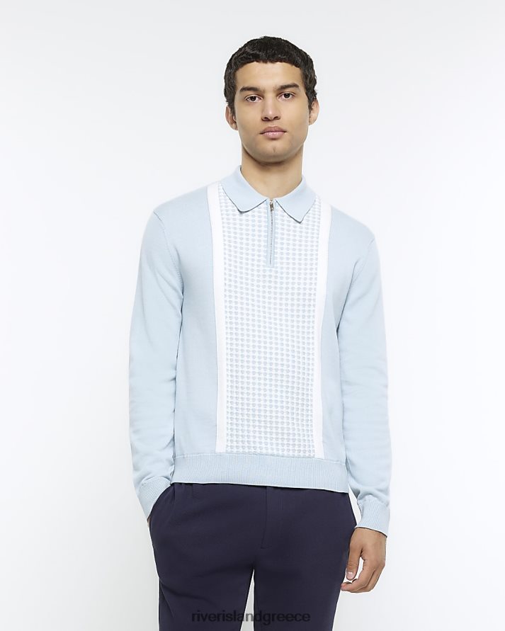 River Island ενδύματα μπλε άνδρες slim fit πλεκτό μακρυμάνικο πόλο B6N8X5620