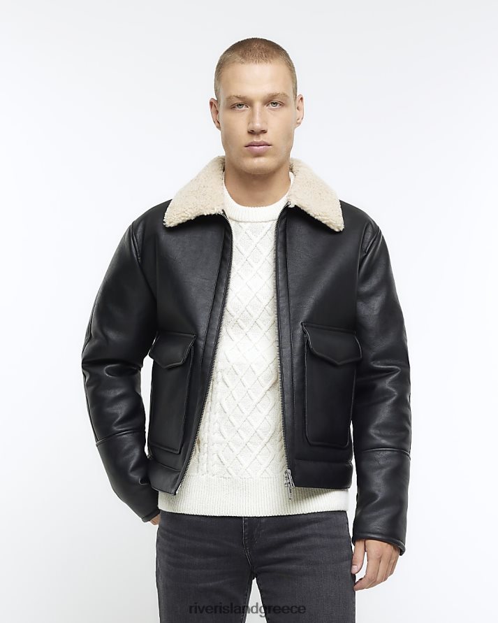 River Island ενδύματα μαύρος άνδρες μπουφάν αεροπόρου από τεχνητό δέρμα κανονικής εφαρμογής B6N8X5421