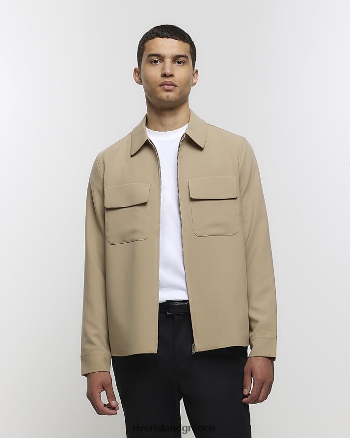 River Island ενδύματα πέτρα άνδρες Έξυπνη θήκη με φερμουάρ κανονικής εφαρμογής B6N8X5428