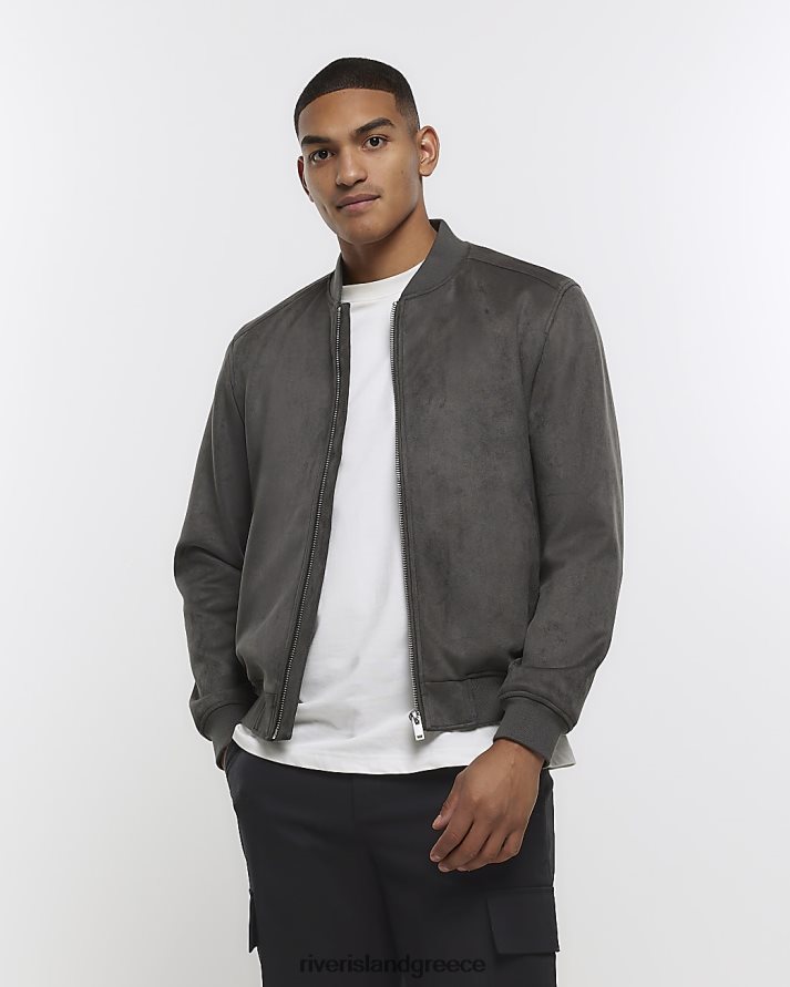 River Island ενδύματα γκρί άνδρες κανονική εφαρμογή suedette bomber jacket B6N8X2418