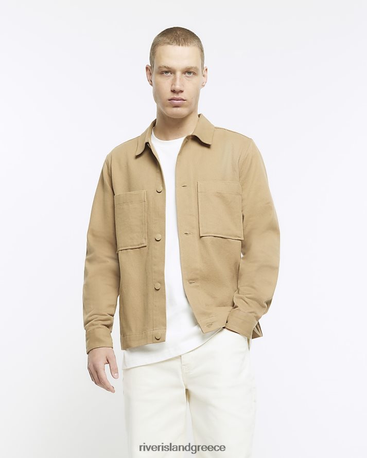 River Island ενδύματα καφέ άνδρες Πουκάμισο με κανονική εφαρμογή με τσέπη στο στήθος B6N8X2483