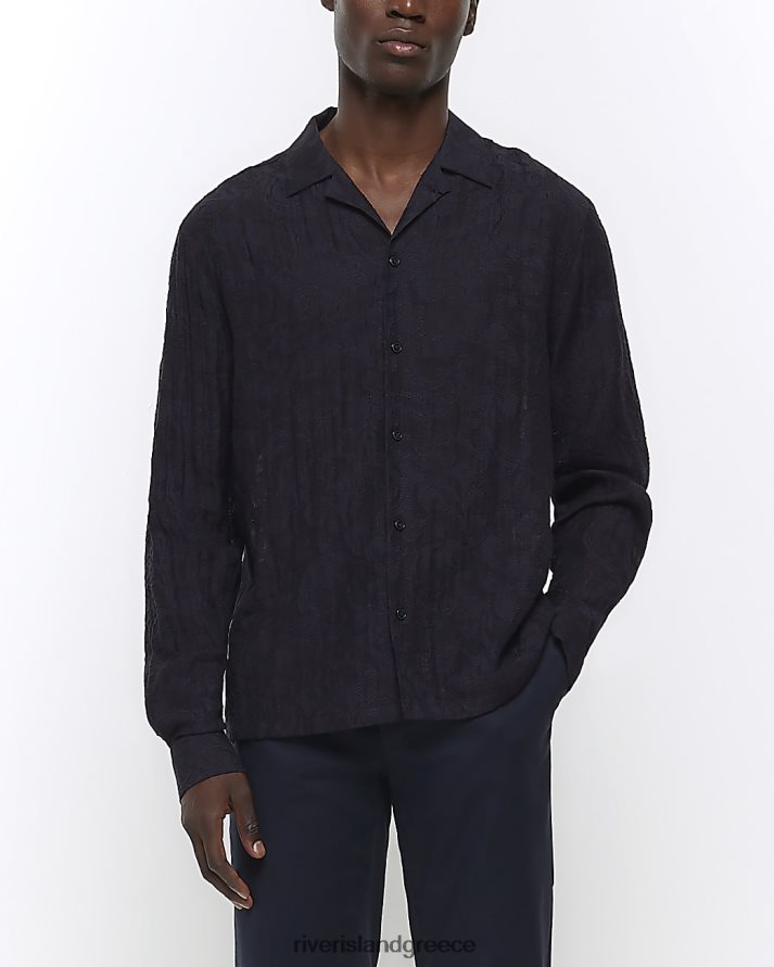 River Island ενδύματα ΠΟΛΕΜΙΚΟ ΝΑΥΤΙΚΟ άνδρες Δαντελένιο πουκάμισο ζακάρ σε κανονική εφαρμογή B6N8X2614