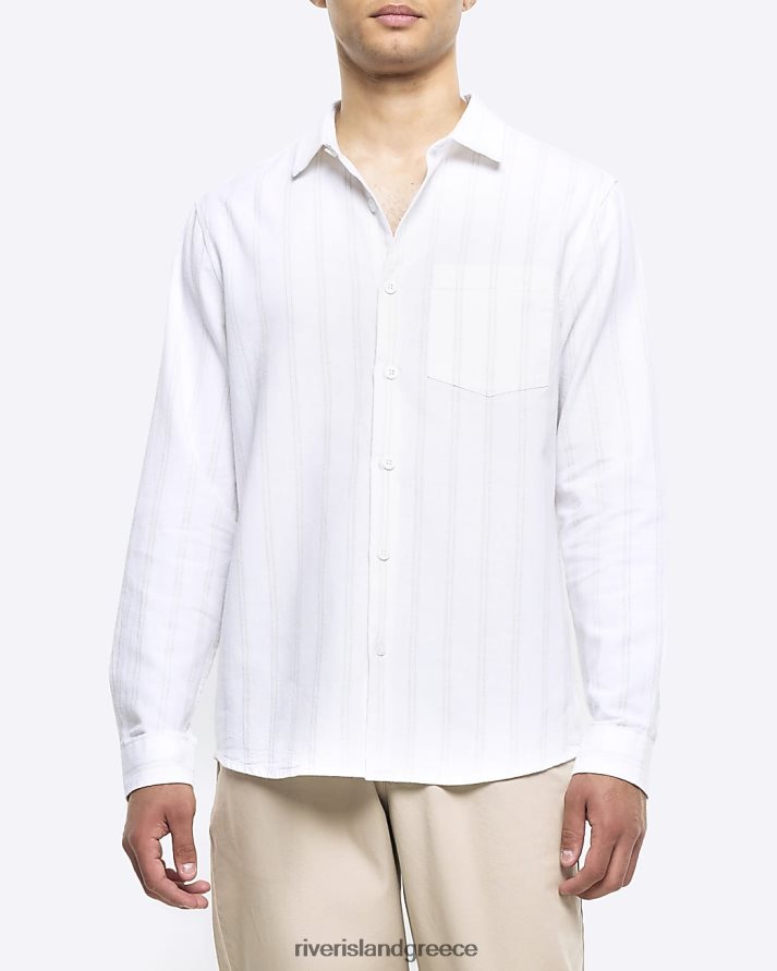 River Island ενδύματα άσπρο άνδρες πουκάμισο από λινό ριγέ με κανονική εφαρμογή B6N8X2750
