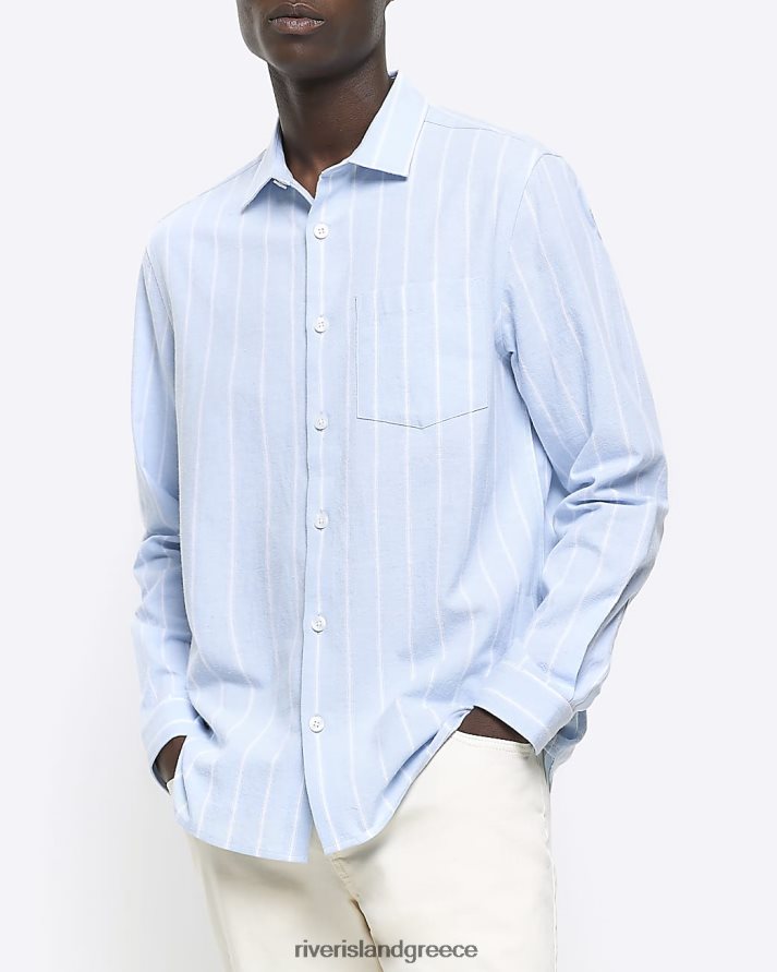 River Island ενδύματα μπλε άνδρες πουκάμισο από λινό ριγέ με κανονική εφαρμογή B6N8X2751