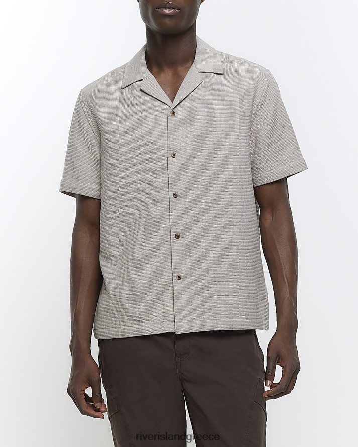 River Island ενδύματα πέτρα άνδρες κανονική εφαρμογή πουκάμισο με υφή βάφλα B6N8X5502