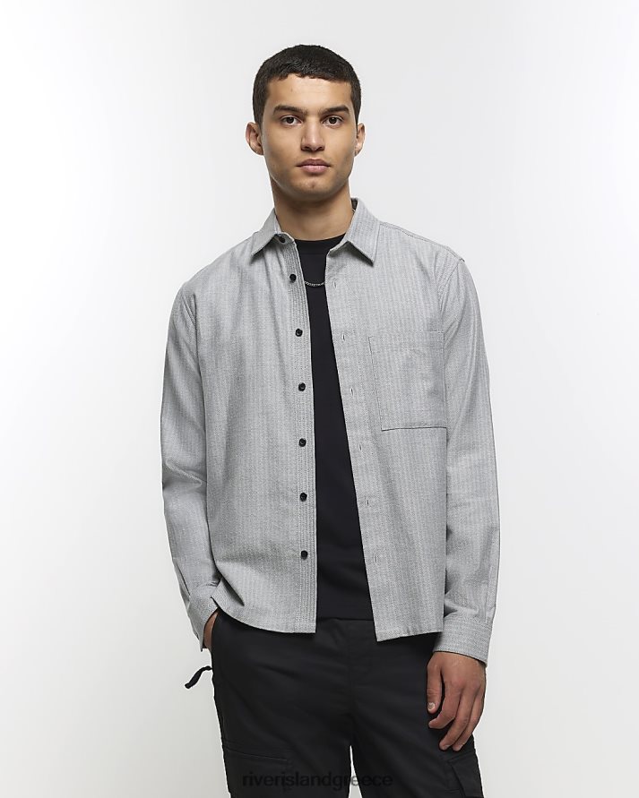 River Island ενδύματα γκρί άνδρες πουκάμισο ψαροκόκαλο σε κανονική εφαρμογή B6N8X5616