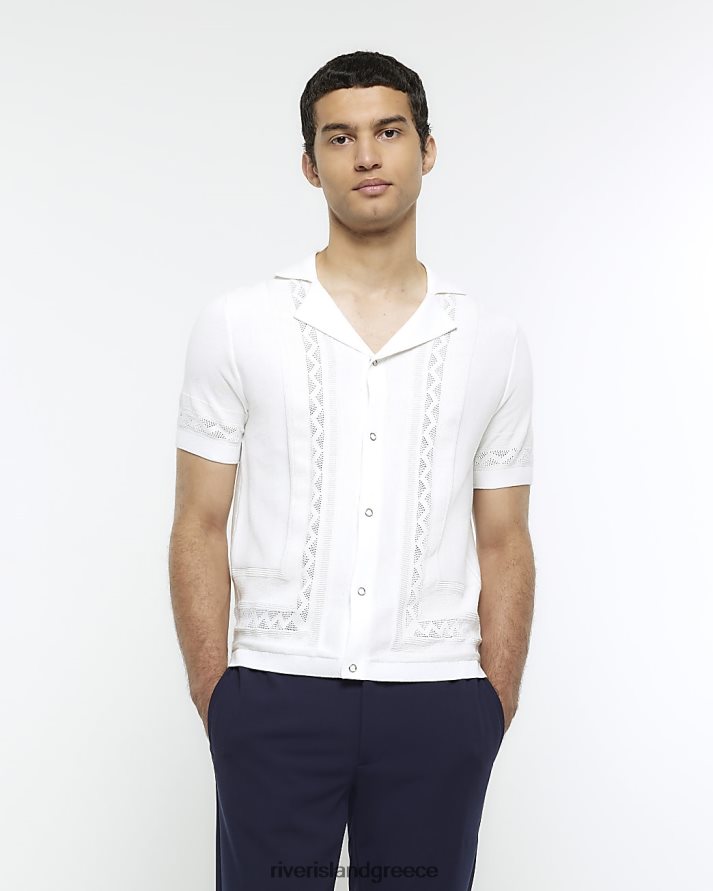 River Island ενδύματα άσπρο άνδρες Πλεκτό πουκάμισο Revere με λεπτή στάμπα B6N8X5654
