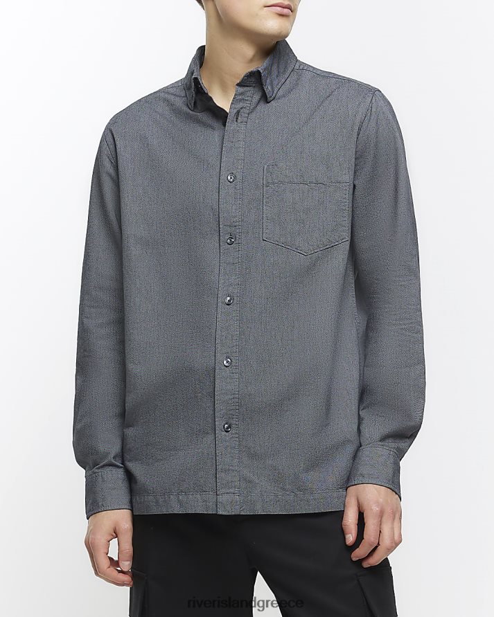 River Island ενδύματα γκρί άνδρες κανονική εφαρμογή μακρυμάνικο πουκάμισο oxford B6N8X2623
