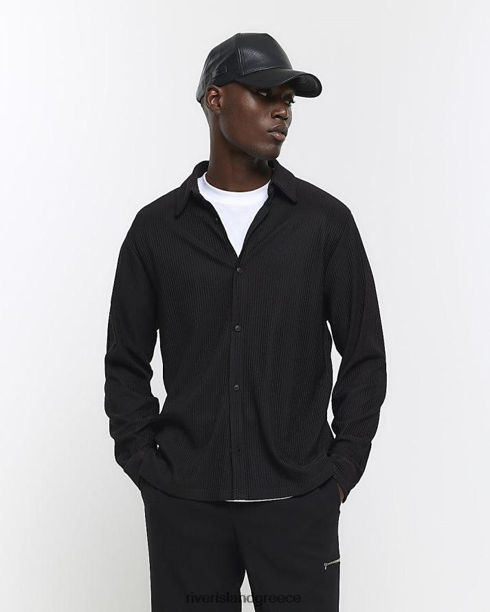 River Island ενδύματα μαύρος άνδρες μακρυμάνικο πουκάμισο plisse σε κανονική εφαρμογή B6N8X2555