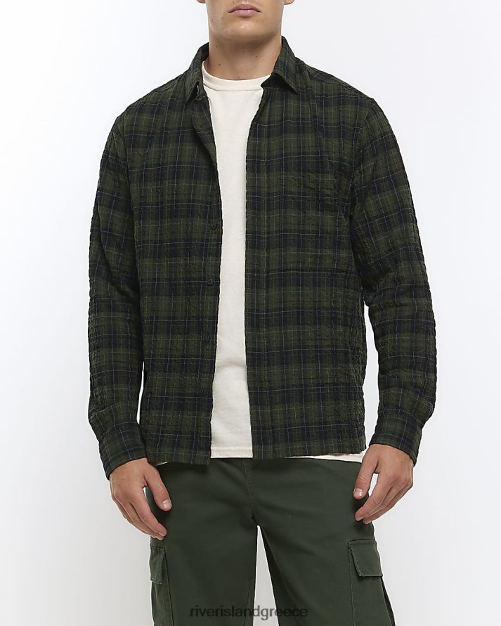 River Island ενδύματα πράσινος άνδρες κανονική εφαρμογή seersucker check πουκάμισο B6N8X5432