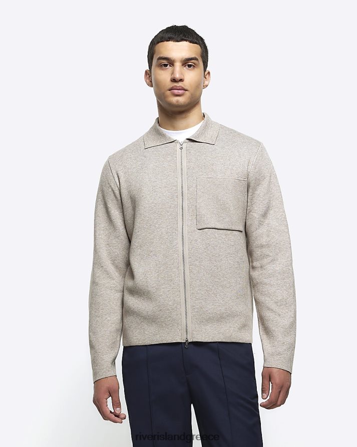 River Island ενδύματα πέτρα άνδρες λεπτή πλεκτή ζακέτα με φερμουάρ B6N8X2444