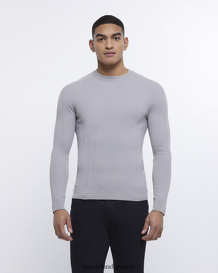 River Island ενδύματα γκρί άνδρες μυϊκή προσαρμογή με ραβδώσεις πληρώματος άλτης λαιμού B6N8X2608