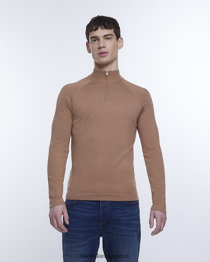 River Island ενδύματα καφέ άνδρες slim fit πλεκτό μισό φερμουάρ B6N8X5554